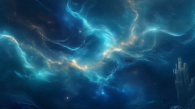 Bioluminescent cloud of neon particles swirling across a dark abyss underwater cavern
