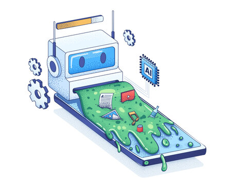 illustration of AI slop, showing generative AI flooding smartphone screens with low-quality content and green waste liquid. Representing digital pollution and mass-produced uncurated AI content.