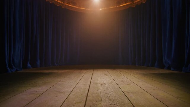 Firefly stage: a vast wooden proscenium theatre floor bathed in warm spotlight between heavy blue curtains