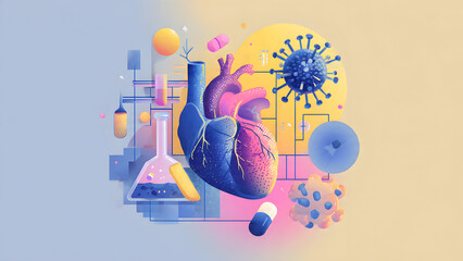 Obraz premium Craft flat icon medical template abstract with elements like heart scanner, virus particle, pill matrix, neural link, and lab beaker in soft blue and warm yellow gradients.