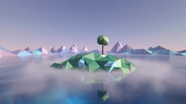 Low poly emerald island with single polygon tree floating on calm sapphire waters