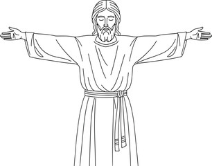 Fototapeta premium Black and white line drawing of spiritual figure with robe, beard, long hair, arms extended, religious blessing illustration design