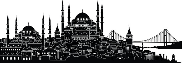 Fototapeta premium Black and white silhouette illustration of Istanbul skyline featuring Hagia Sophia, Blue Mosque, Galata Tower and Bosphorus Bridge architecture