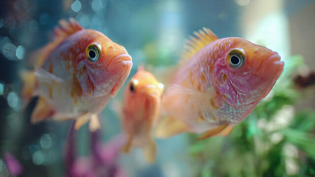 Ornamental fish interacting gently near the front glass of an aquarium, facial features and scale texture