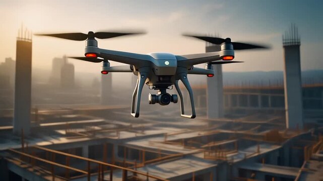 A sleek multi-rotor drone hovers over a large construction site at dusk, camera facing forward