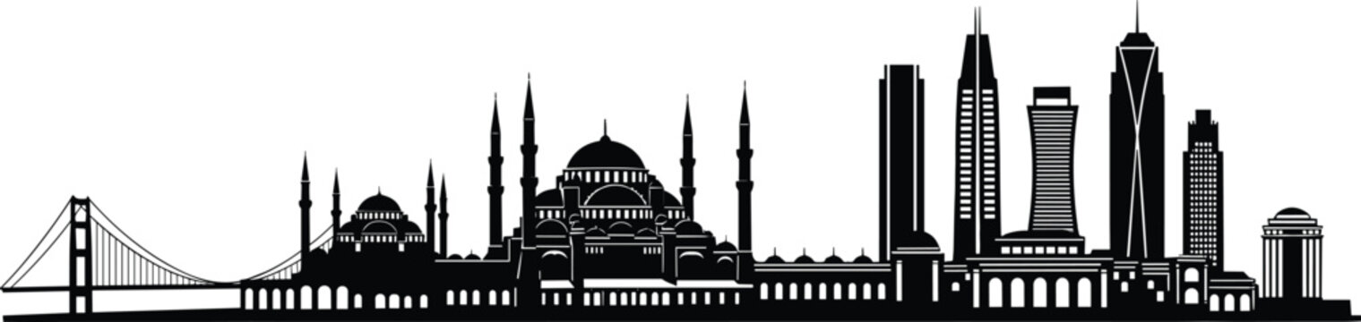 Black and white silhouette illustration of Istanbul skyline with Bosphorus Bridge, Hagia Sophia, Blue Mosque and modern skyscraper architecture