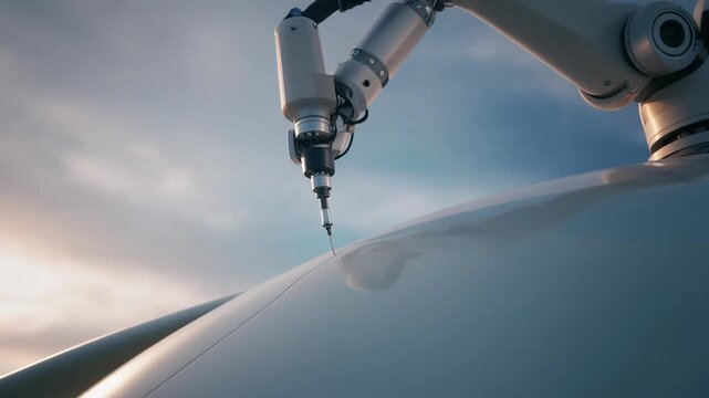 Repair robot end effector calmly bonds with a wind turbine blade surface, showing precise coating task in action
