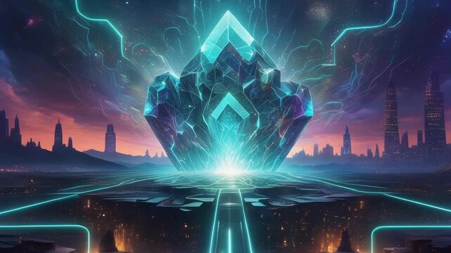 Firefly crystalline nexus hovering above a neon fractured chasm in a cyberpunk cityscape