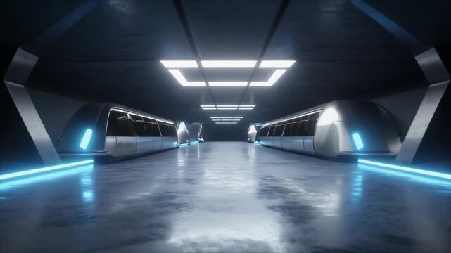 Hyperloop station platform in a pristine cavernous transit hall with futuristic lighting and blue edge lighting