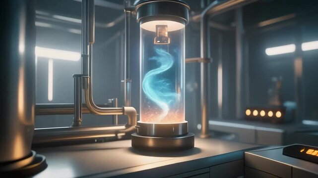Bioreactor core: pristine cylindrical chamber glows within a high-tech laboratory