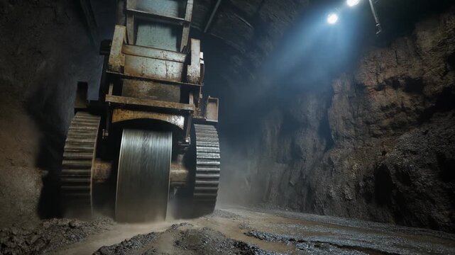 Colossal tunnel boring machine with worn cutter head grinding through damp underground rock tunnel