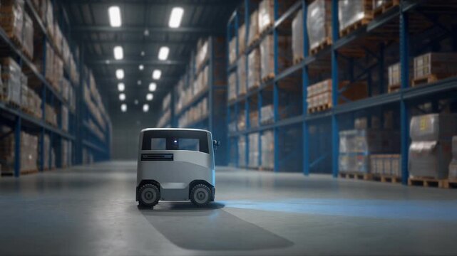 Autonomous guided vehicle pauses at an intersection in a vast warehouse