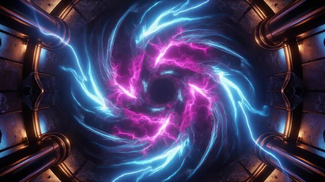 Self-sustaining vortex of incandescent fuchsia and azure plasma spiraling through a sci-fi chamber