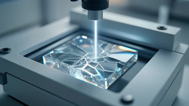 Pristine translucent crystal shard under microscopic laser inspection with precise fracture pattern