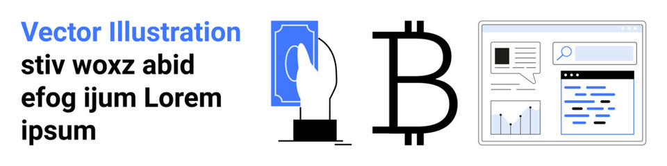 Cryptocurrency, digital economy, online transactions, data analytics, commerce tools, fintech. Currency symbol and data screen. Cryptocurrency and digital economy concepts