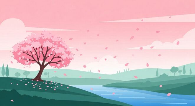 Blooming cherry blossom tree by serene river with pink petals floating in the air