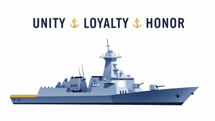 Modern naval warship illustration symbolizing unity loyalty and honor.