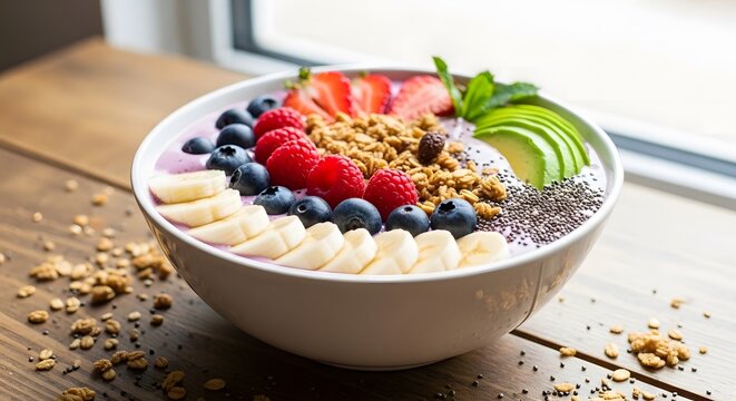 Healthy aai bowl topped with fresh fruit, granola, and seeds