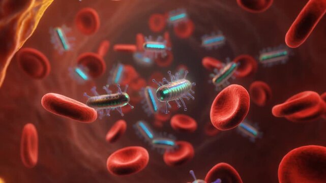 Microcosmic nanobots swirl in iridescent glow within a vascular tunnel