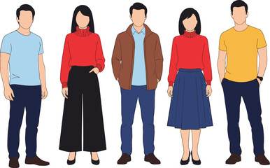 Obraz premium Flat Vector Illustration Featuring a Group of Diverse Men and Women Standing in Casual Fashion Clothing Including Sweaters Jackets and Skirts for Lifestyle Graphic Design.