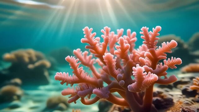 Coral polyp cluster sways gently underwater with sunbeams filtering through clear blue water