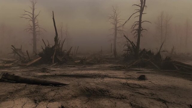 Desolate conflict area scene featuring cracked earth and charred, leafless trees under a muted overcast sky
