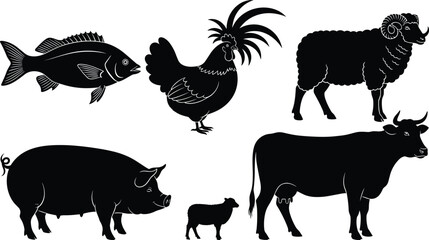 Fototapeta premium Silhouette illustration of farm animals including cow, pig, lamb, ram, rooster, and fish, agricultural livestock artwork design set
