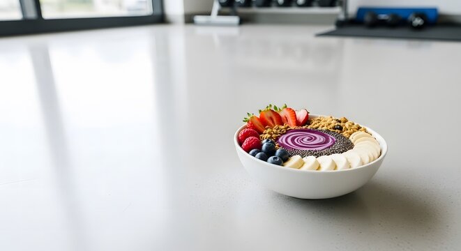 Healthy aai bowl with fresh fruit and granola on a counter