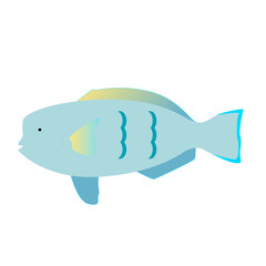 Obraz premium A simple, light blue cartoon fish with yellow accents and wavy lines on its body, swimming left.