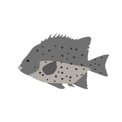 A stylized illustration of a dark grey fish with black spots and a lighter belly, depicted in profile.
