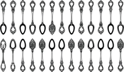 Ornate Black and White Vector Illustration Set of Vintage Antique Spoons Featuring Intricate Victorian Filigree Handles and Decorative Baroque Elements for Elegant Kitchen Design.