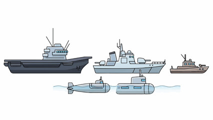 Fototapeta premium Illustrated naval fleet with multiple ships and submarines at sea.
