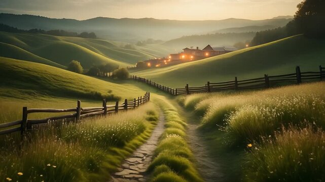 Serene twilight landscape of rolling green hills with a stone path and distant cottages