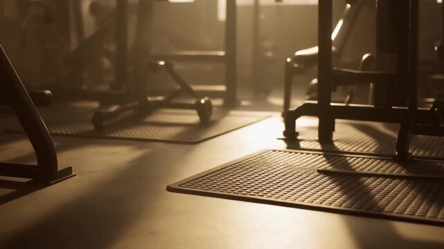 Sunlit gym corner with minimalist equipment bathed in golden light and warm textures