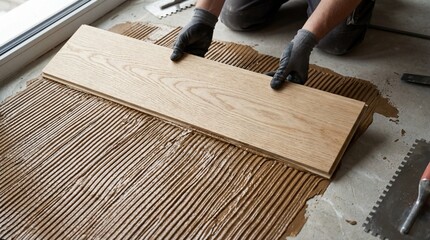 Contractor hands installing wood flooring into adhesive glue ridges, home renovation construction