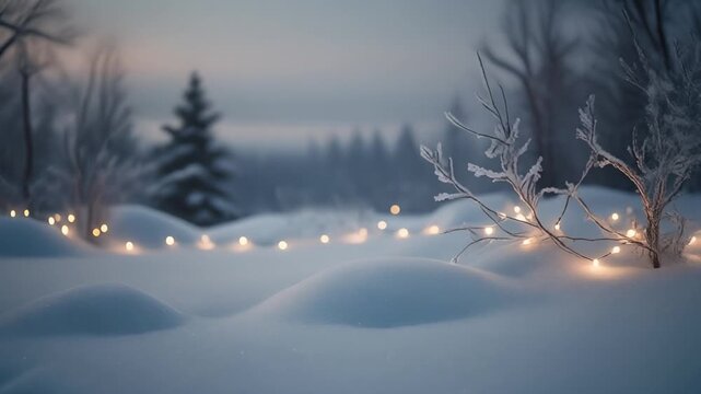 Snowy landscape under twilight glow with soft mounds and twinkling lights