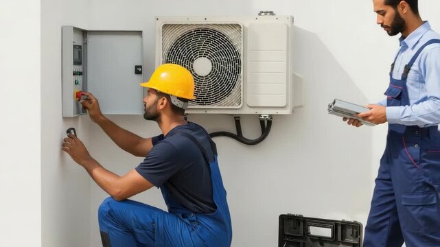 Electrician Repairs Hvac Unit Uses Tools With Assistant Observing Near Wall Showing Setup Maintenance Work This Can Be Used For Training Manuals Articles On Hvac Maintenance
