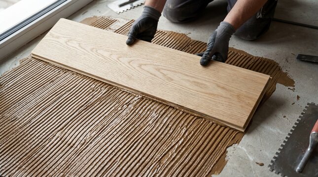 Contractor hands installing wood flooring into adhesive glue ridges, home renovation construction