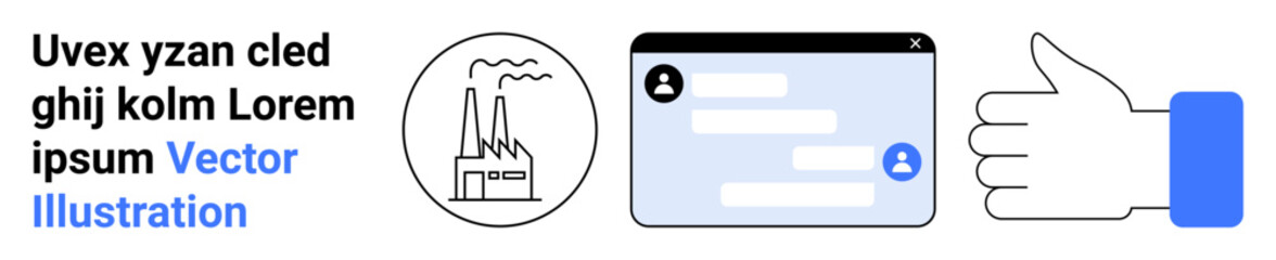 Fototapeta premium Business communication, industrial processes, social approval, online messaging, corporate interaction, teamwork. Factory icon, chat interface thumbs-up image. Business communication and industrial