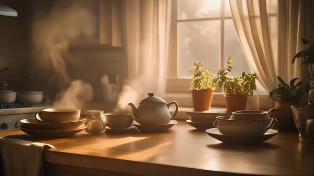 Softly lit kitchen scene at dawn with steam rising from teapot and warm sunlight