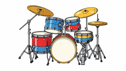 Colorful drum set on stand with drums and cymbals for music practice.