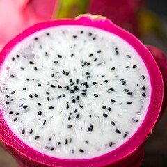 Close-up of a vibrant dragon fruit cut in half, showing its white flesh and numerous small black seeds