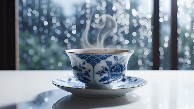 A delicate blue and white patterned teacup with steam rising from hot tea, set on a white table with a blurred background.