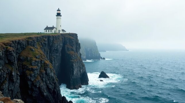 A solitary lighthouse stands tall on a dramatic cliff, overlooking a vast, misty ocean; waves crash against the rocky shore, creating a breathtaking seascape.