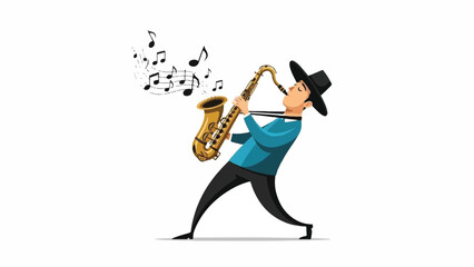 Fototapeta premium Colorful cartoon saxophonist in energetic pose, playing jazzy melody with a dancing character.