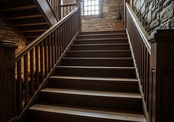 Grand wooden staircase within rustic stone building interior design