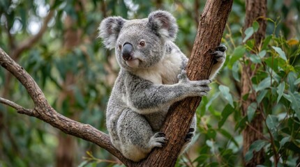 Fototapeta premium Koala bear sitting on tree in eucalyptus forest,close-up wildlife shot of native Australian animal in natural habitat