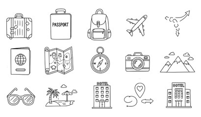 Travel outline doodle icon vector set
