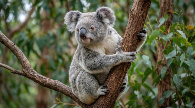 Koala bear sitting on tree in eucalyptus forest,close-up wildlife shot of native Australian animal in natural habitat
