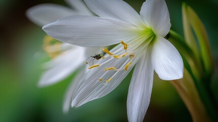 Close Up of White Amazon Lily with Water Droplets and Green Leaves in Soft Focus Background Detailed Floral Portrait Elegant Natural Light Macro